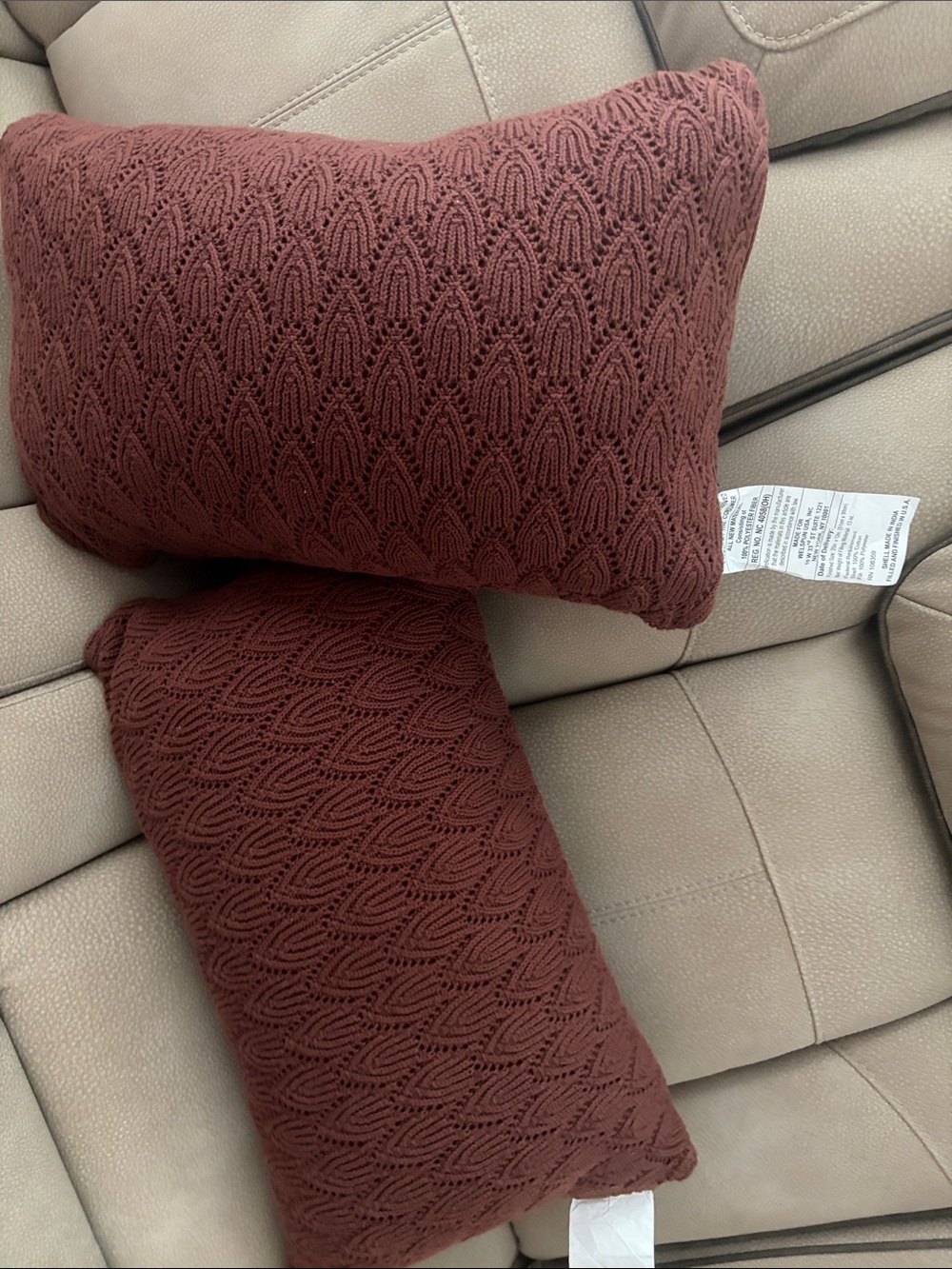 Pair of Burgundy Knit Lumbar Throw Pillows